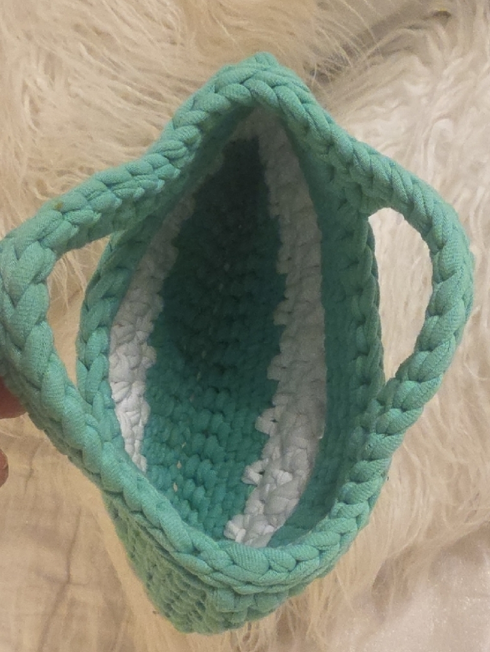 Handwoven Teal and Cream Mini Crochet Bag 11× 8.5  From the Handle to the Bottom - Picture 5 of 11